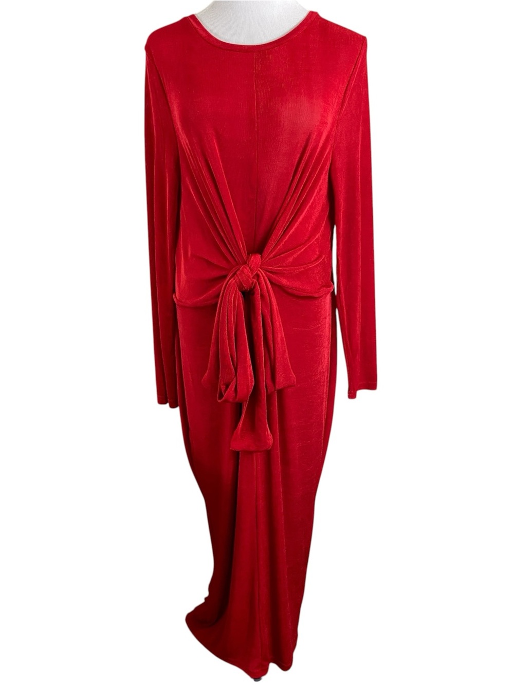 JLuxLabel Womens Maxi Dress Size 2XL Red Long Sleeve Tie Front Slinky Stretch